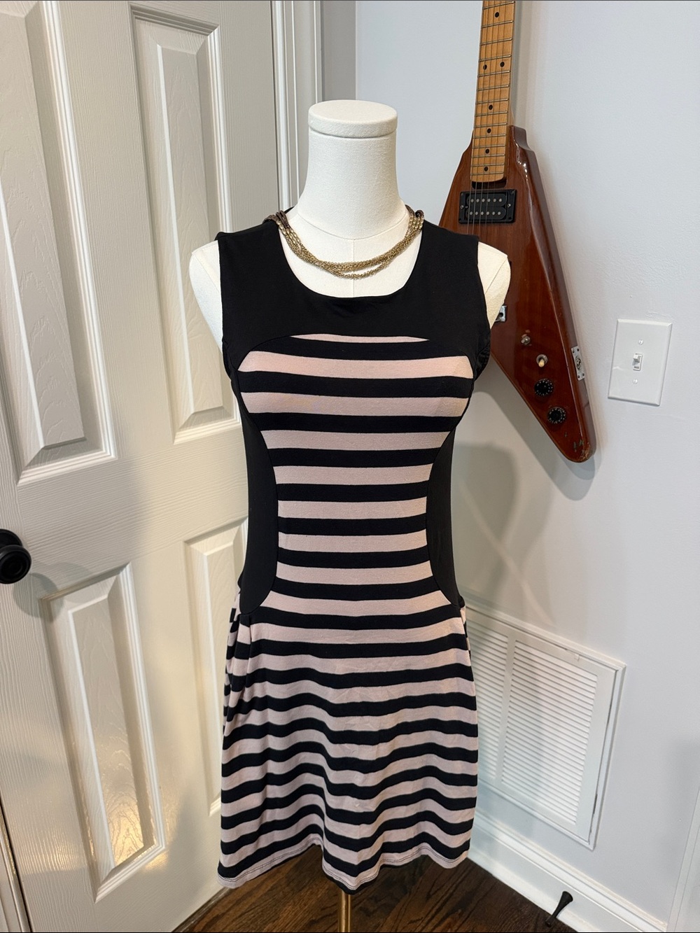 Monteau Black and Blush Striped Sleeveless Fit & Flare Dress
